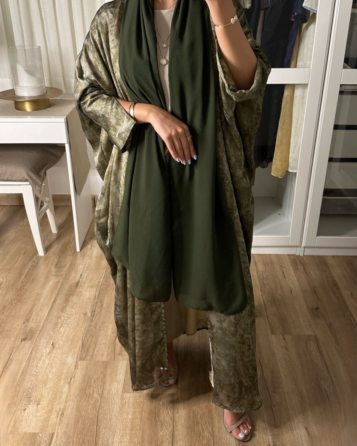 A103 - Olive Green Chiffon Summery Pattern Abaya