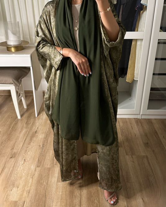 Olive Green Chiffon Summery Pattern Abaya (READY TO SHIP)