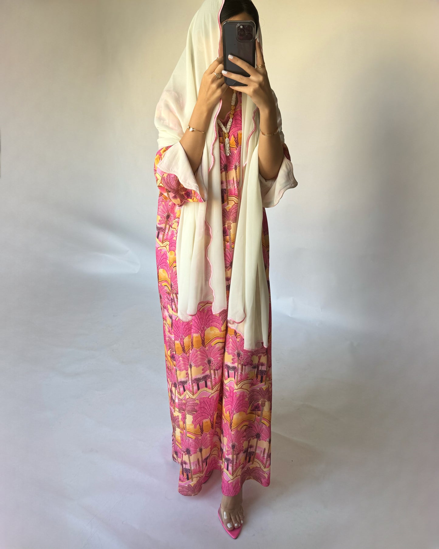 A154 - Pink Palm Tree Pattern Jalabiya and Head Scarf