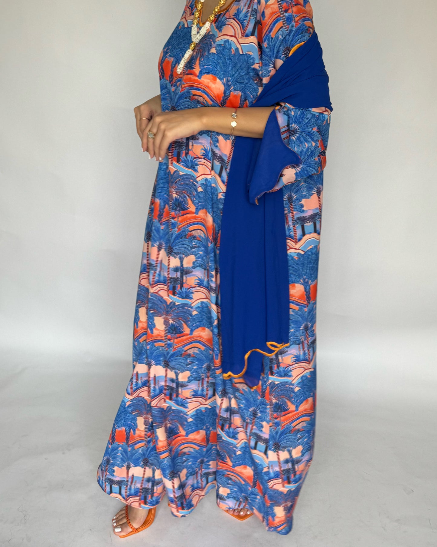 A155 - Royal Blue Palm Tree Pattern Jalabiya and Head Scarf