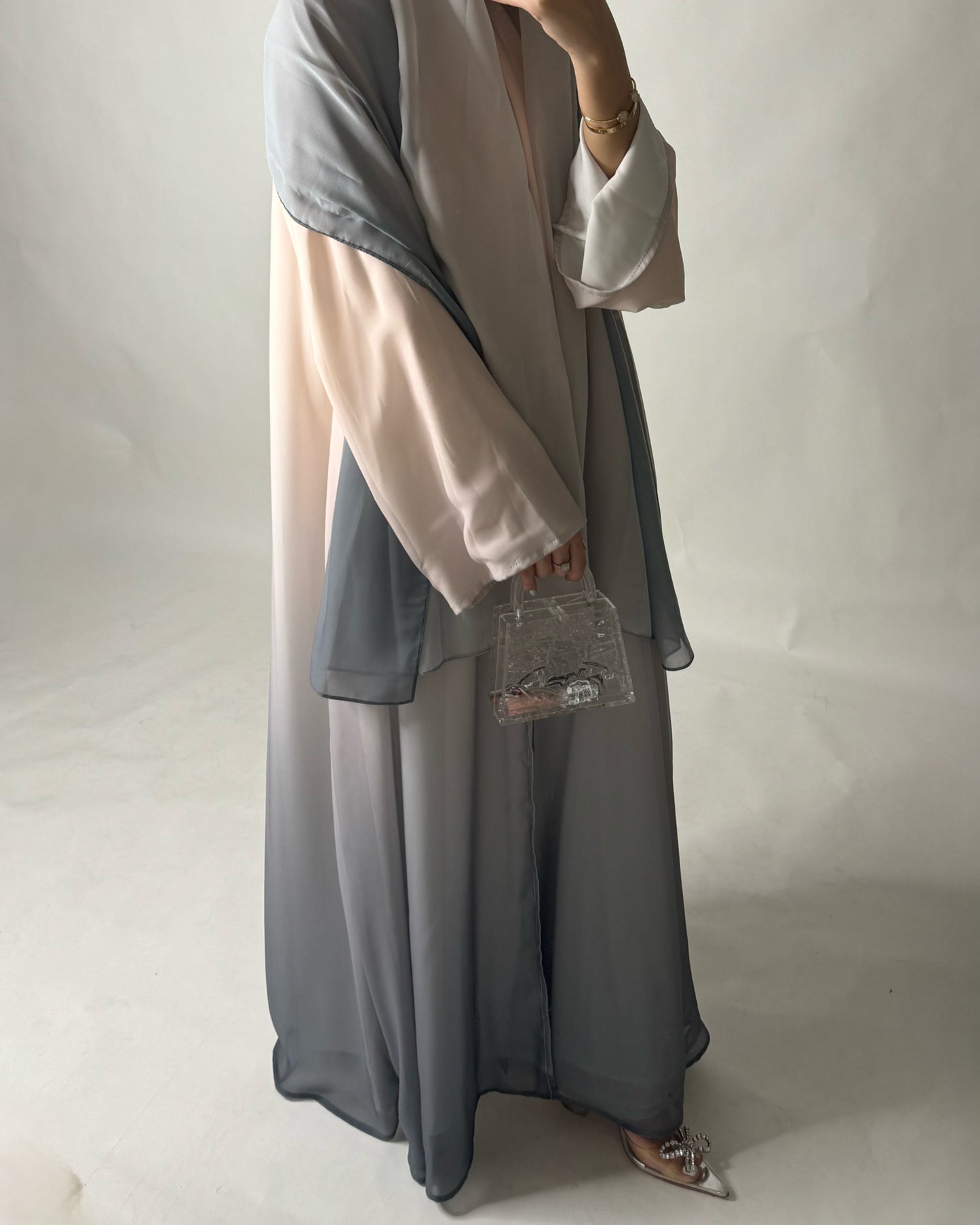 A180 - Peach & Gray Ombre Flowy Abaya