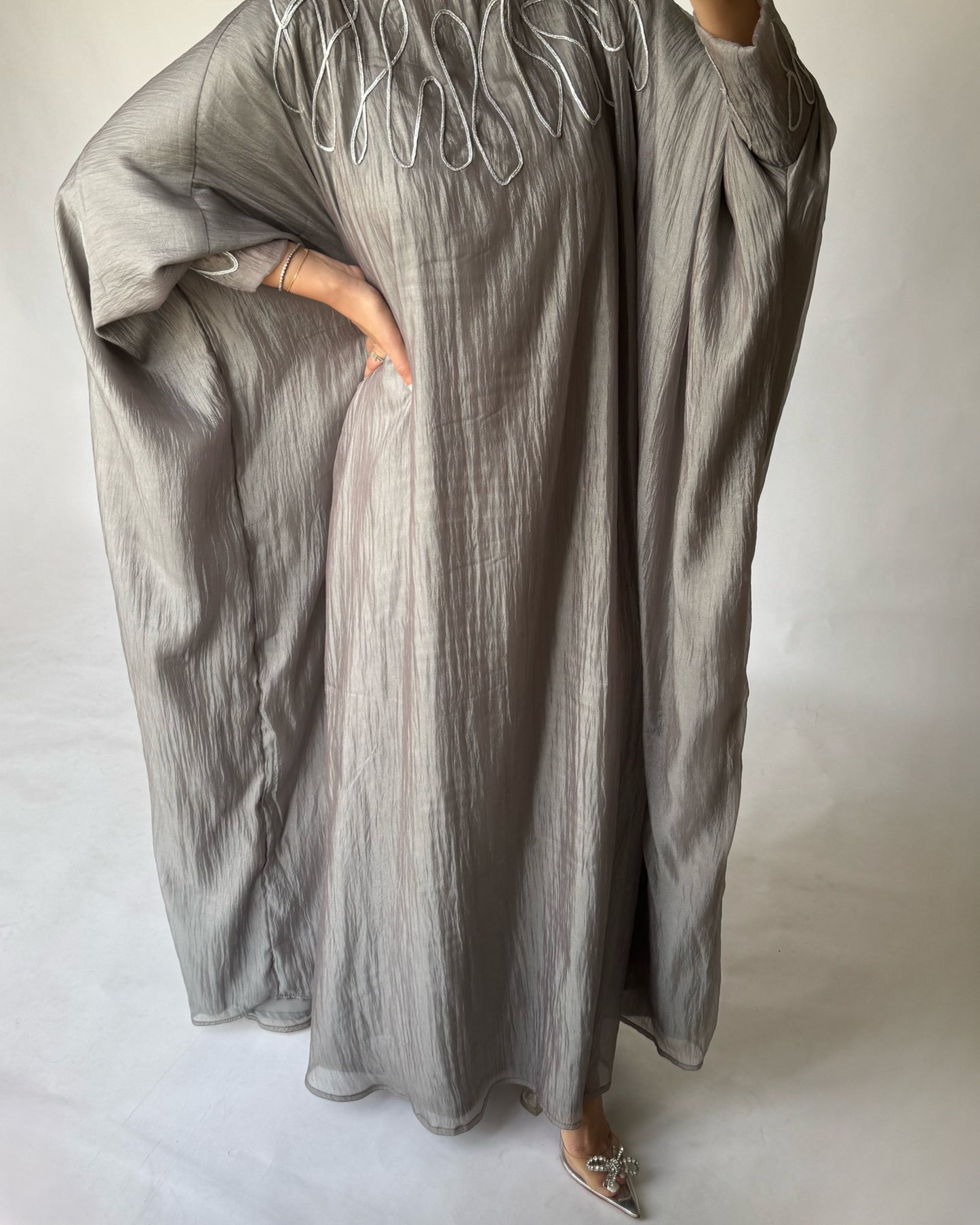 A190 - Grey Organza Dress with Silver Swirls