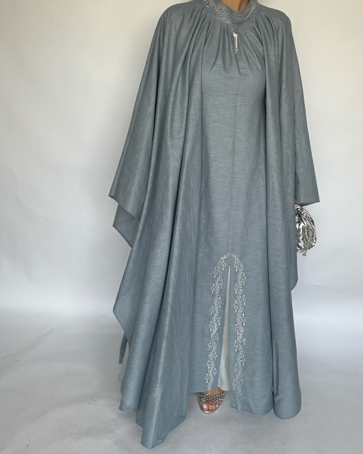 Grayish Blue Two Piece Embroidered Jalabiya (READY TO SHIP)