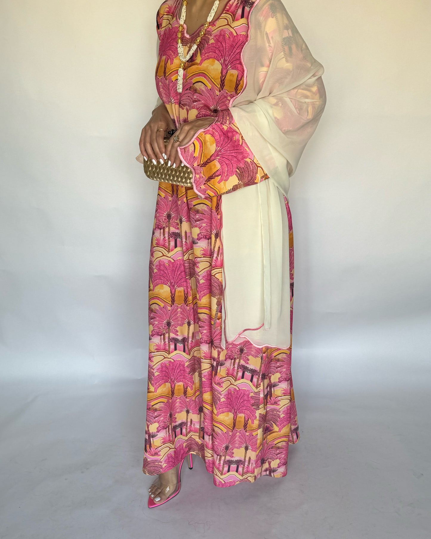 A154 - Pink Palm Tree Pattern Jalabiya and Head Scarf