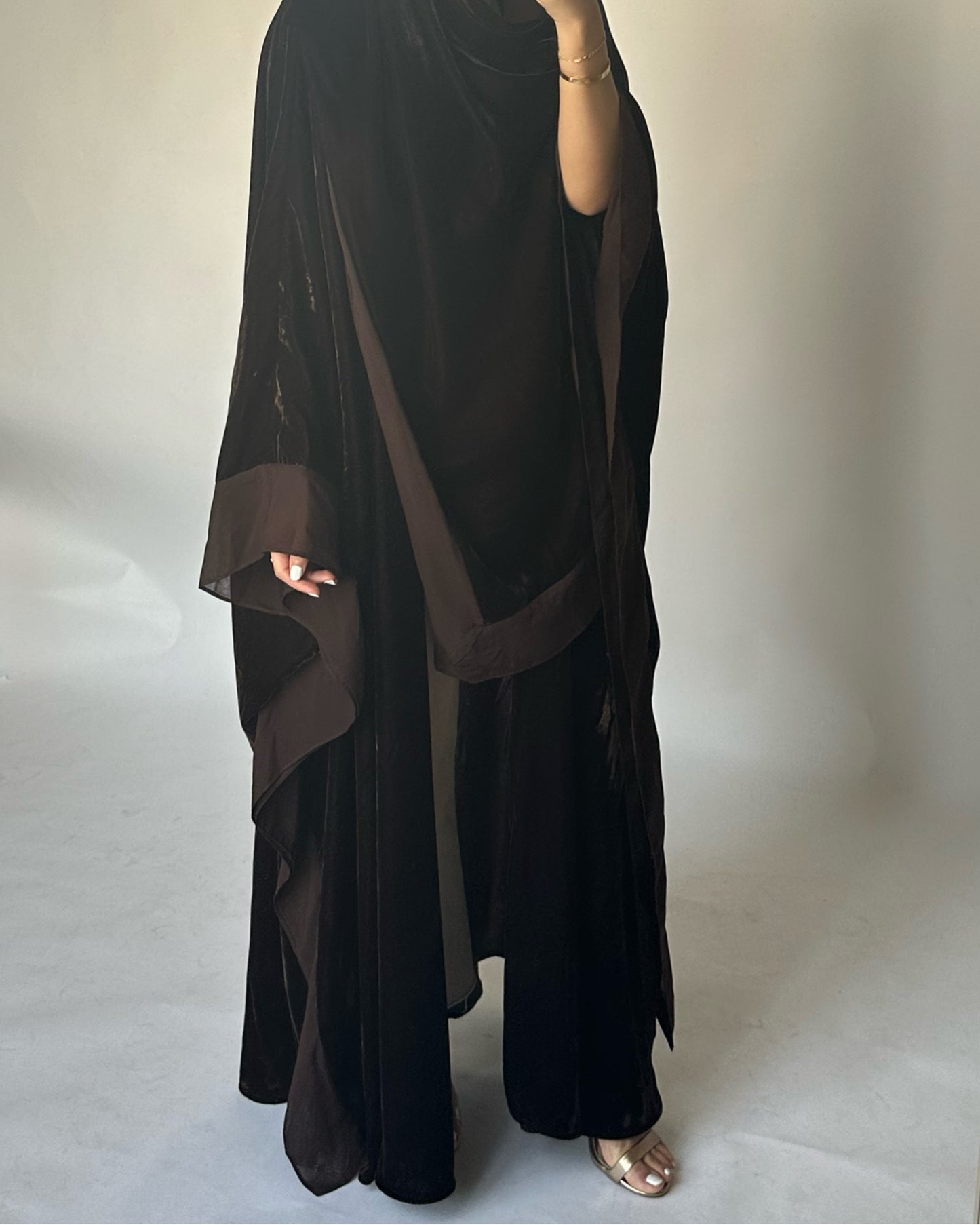 A294 - Brown Velvet Abaya, Velvet Head Scarf & Chiffon Dress