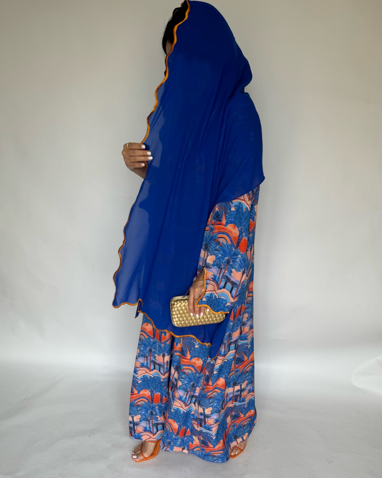 A155 - Royal Blue Palm Tree Pattern Jalabiya and Head Scarf