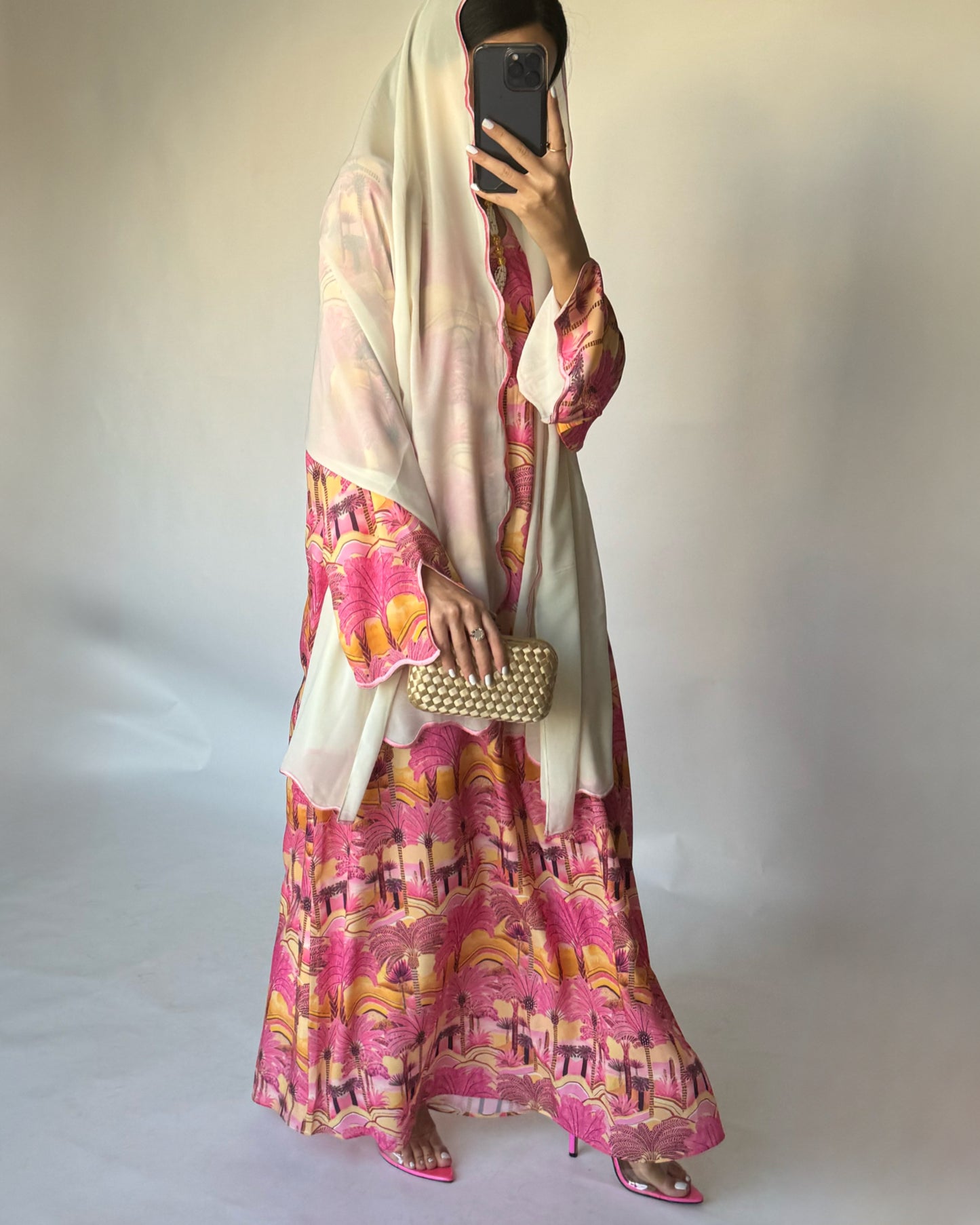 A154 - Pink Palm Tree Pattern Jalabiya and Head Scarf