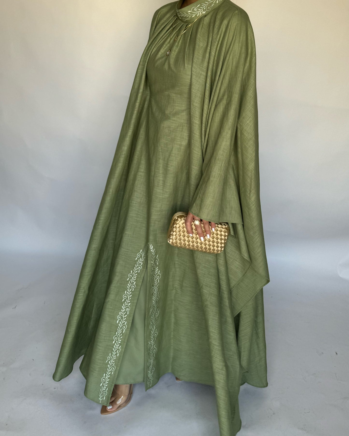 A166 - Green Two Piece Embroidered Jalabiya