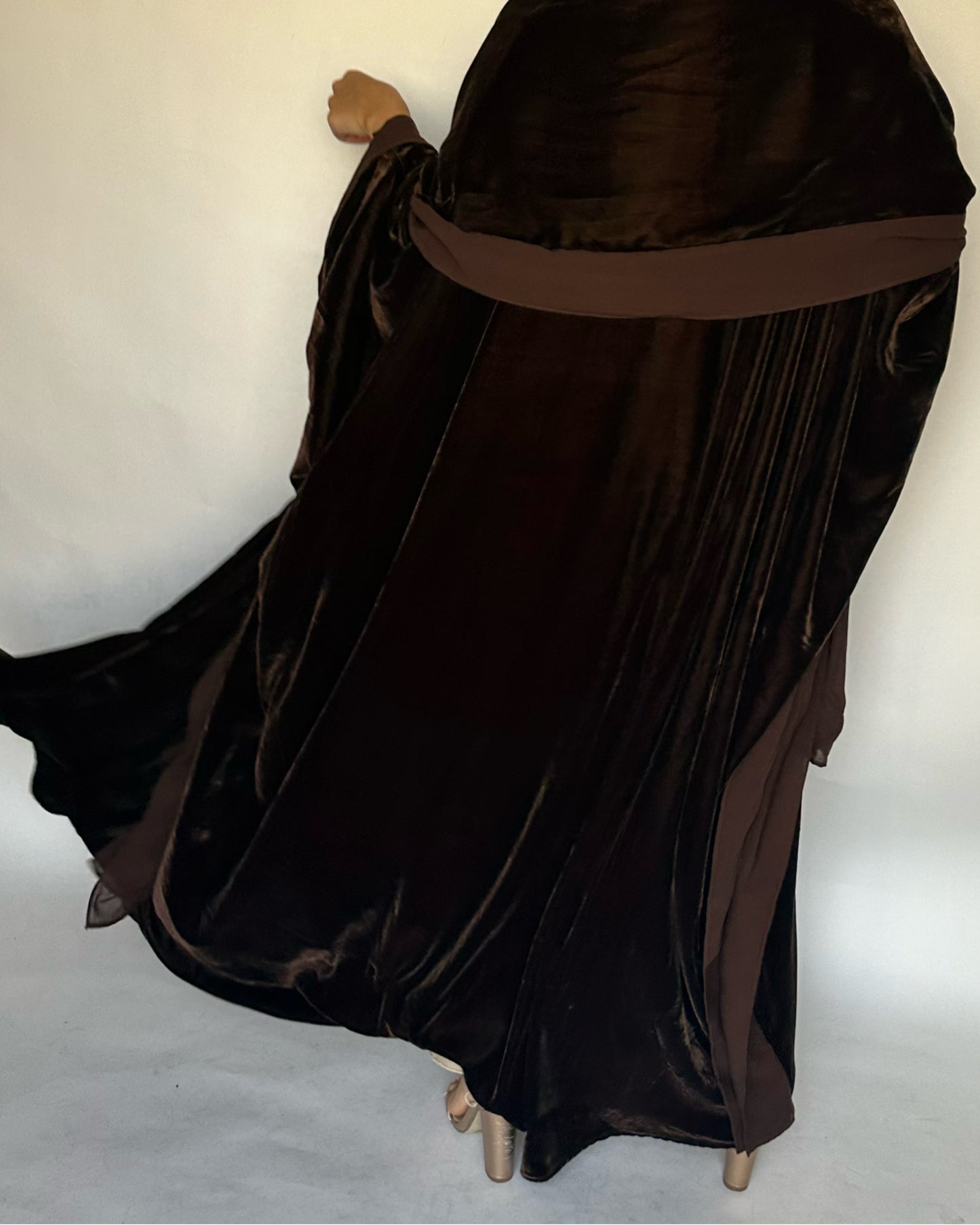 A294 - Brown Velvet Abaya, Velvet Head Scarf & Chiffon Dress