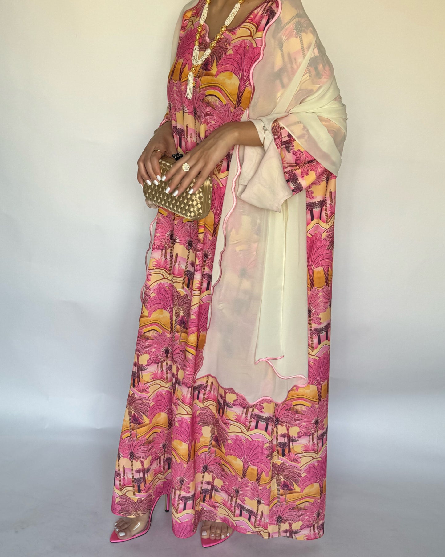 A154 - Pink Palm Tree Pattern Jalabiya and Head Scarf