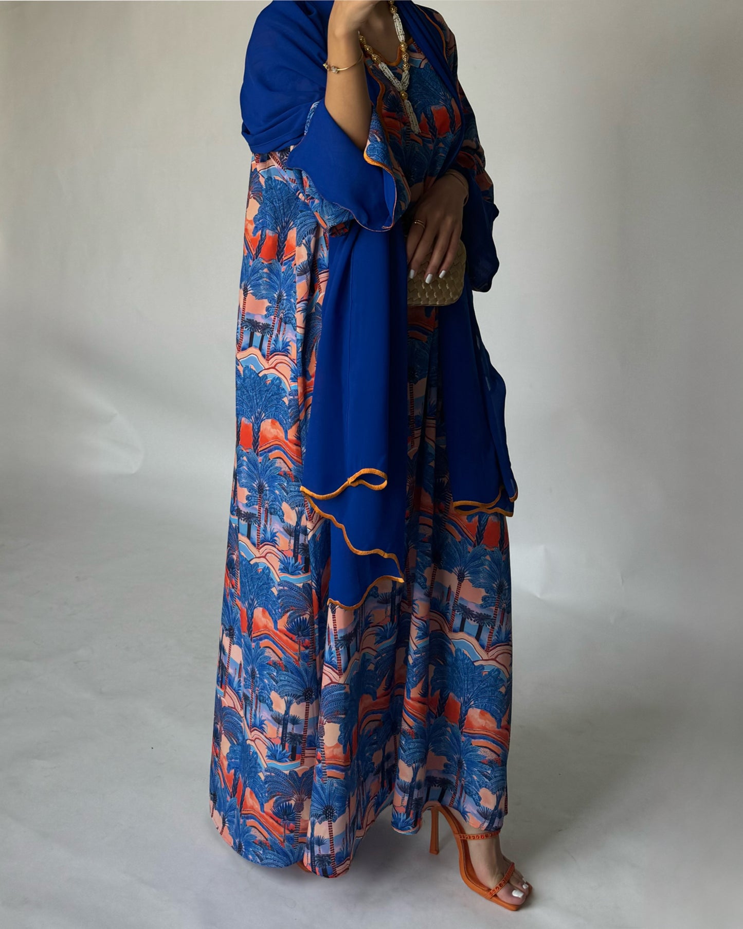 A155 - Royal Blue Palm Tree Pattern Jalabiya and Head Scarf