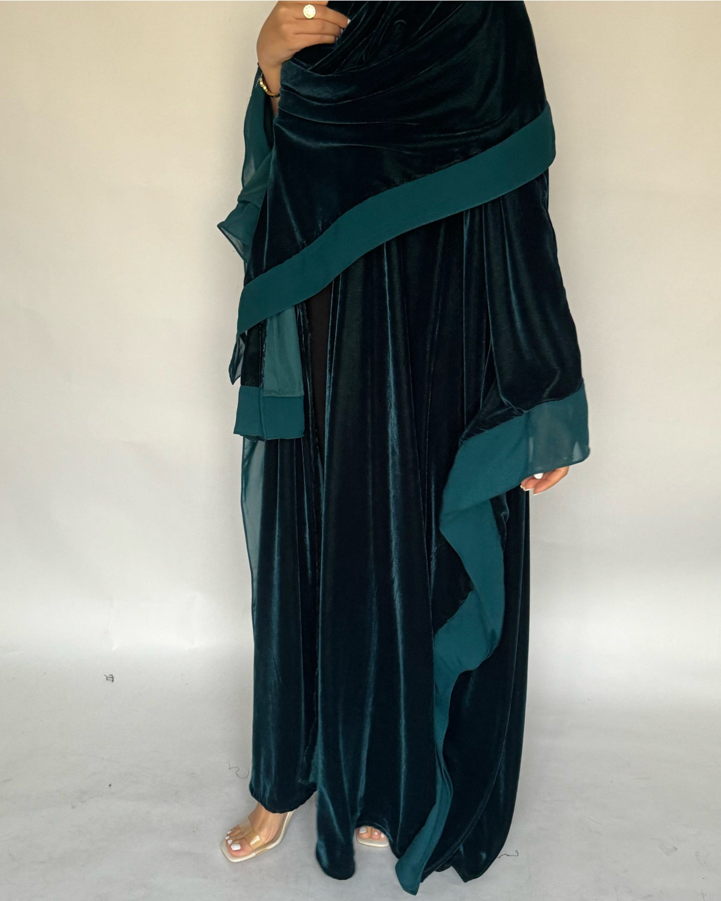 A141 - Turquoise Winter Velvet Abaya & Head Scarf