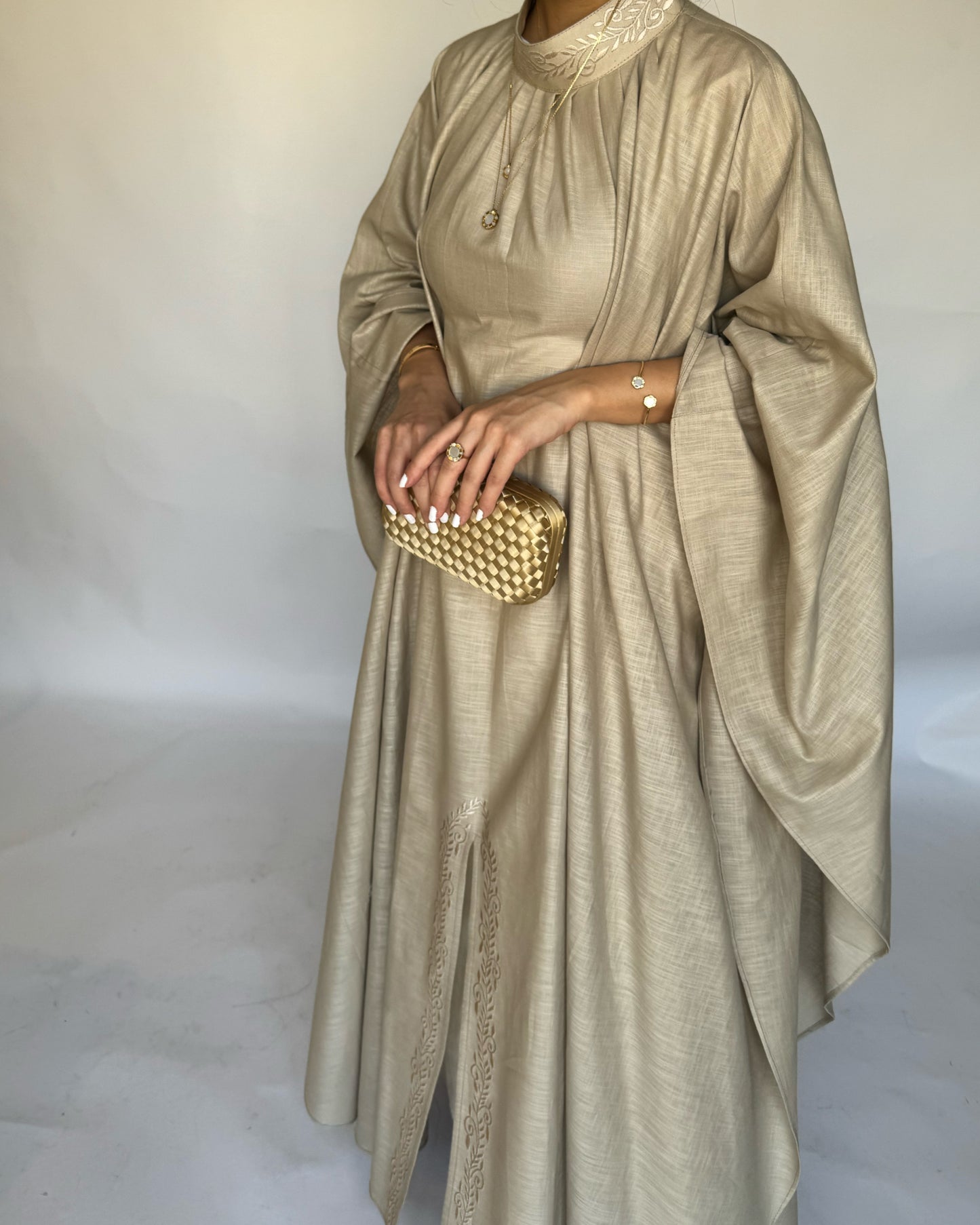 A163 - Beige Two Piece Embroidered Jalabiya