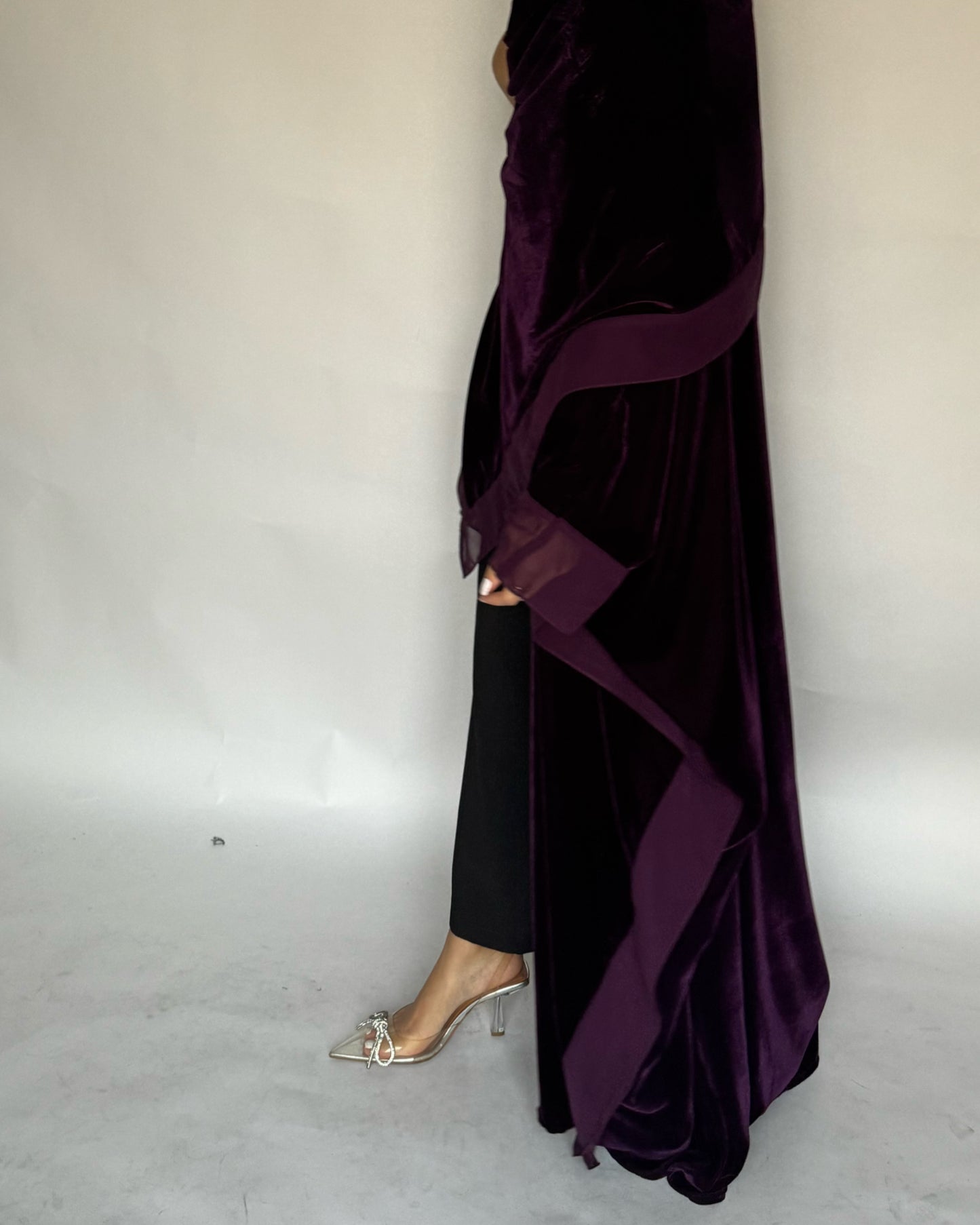 A294 - Purple Velvet Abaya, Velvet Head Scarf & Chiffon Dress