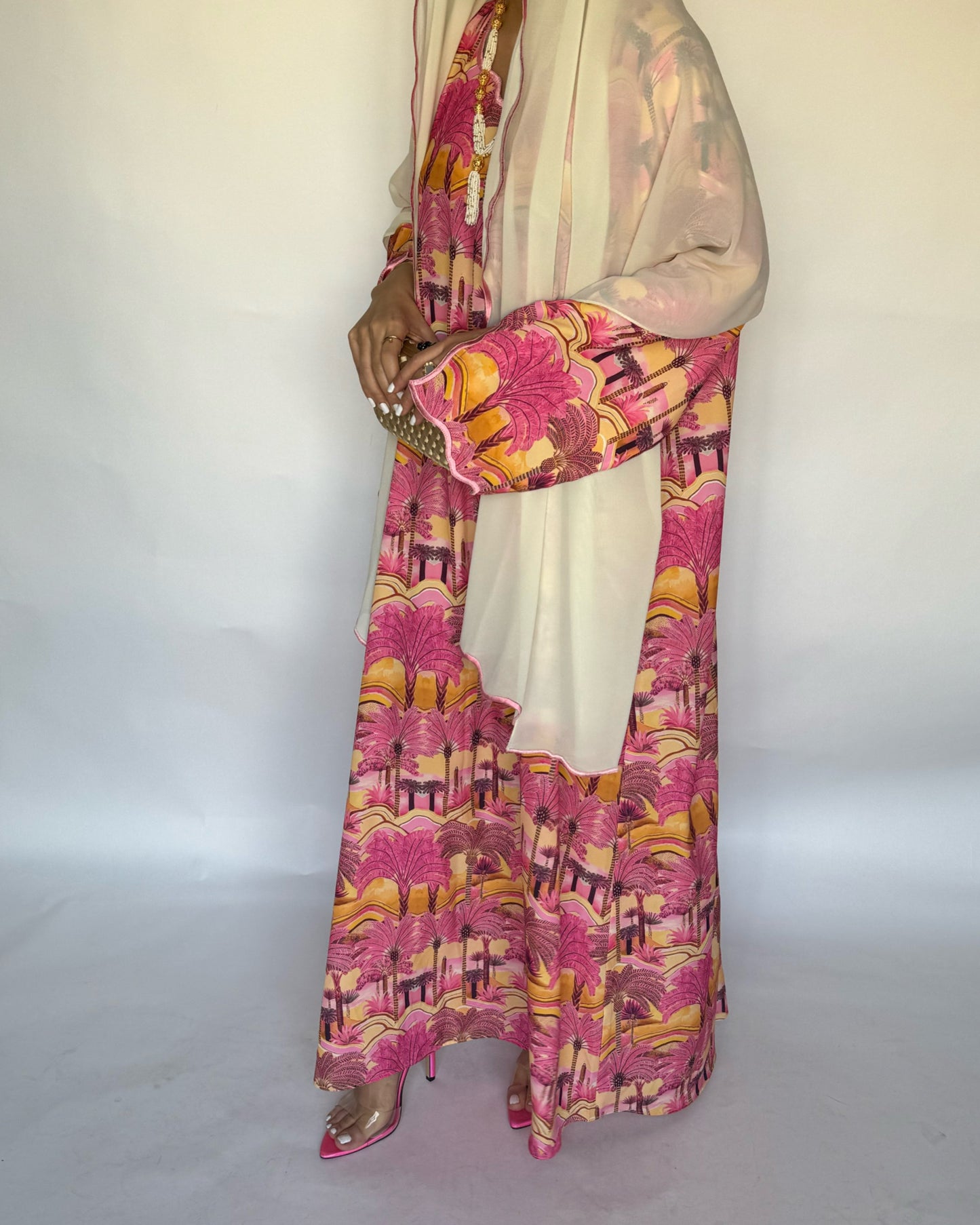 Pink Palm Tree Pattern Jalabiya and Head Scarf (READY TO SHIP)