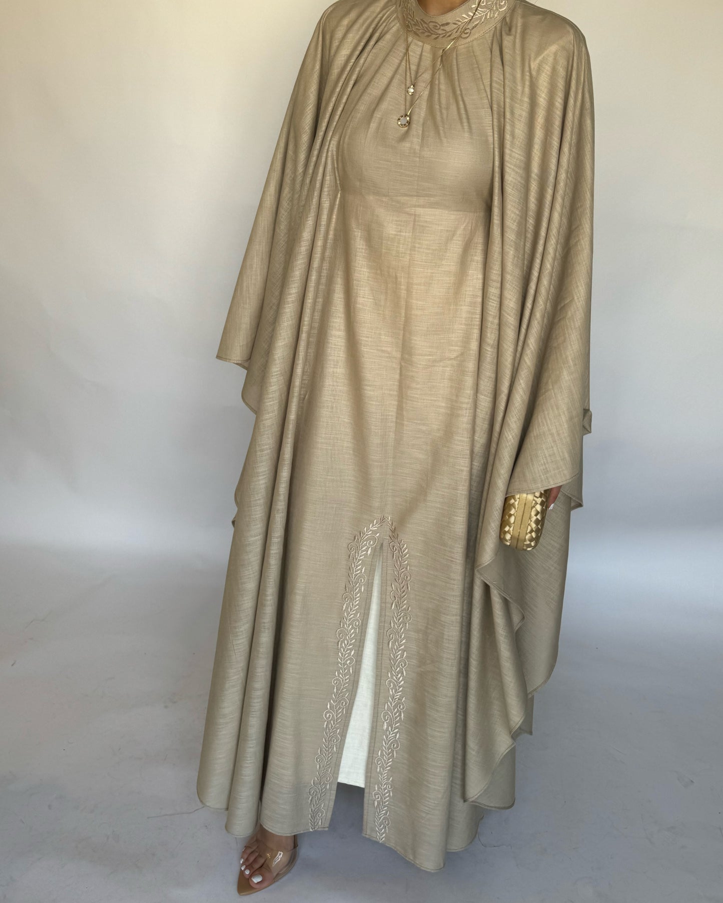 A163 - Beige Two Piece Embroidered Jalabiya