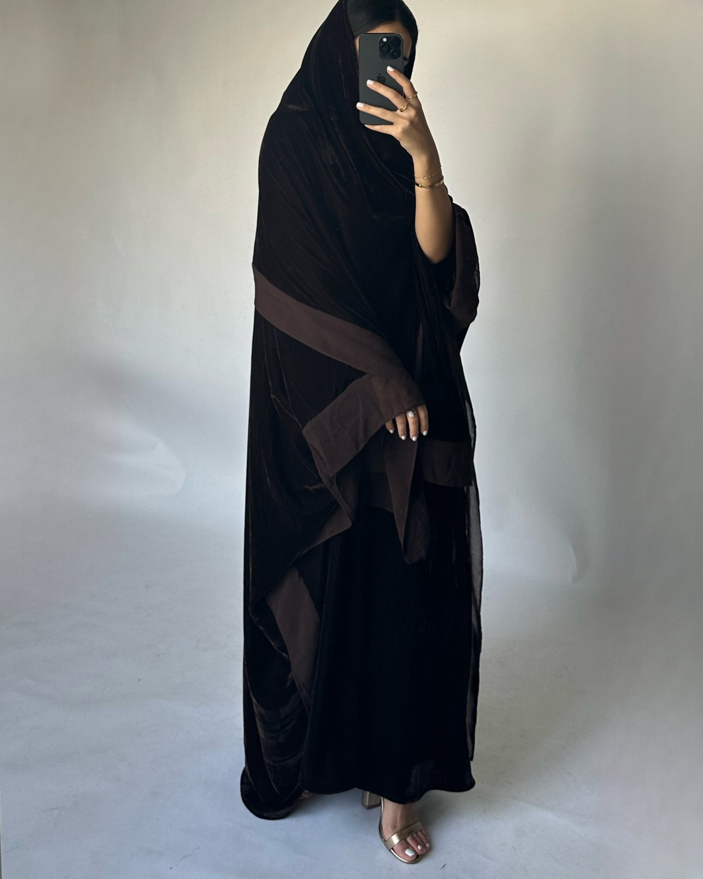 A294 - Brown Velvet Abaya, Velvet Head Scarf & Chiffon Dress