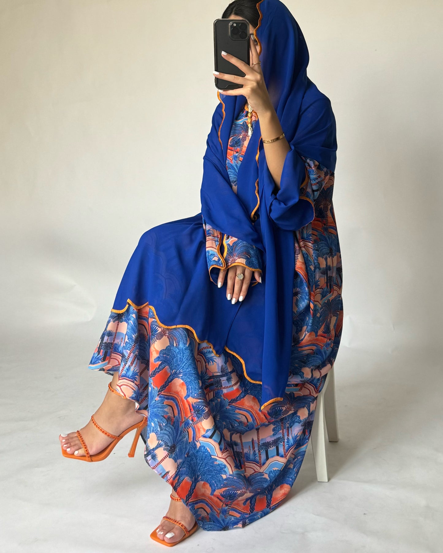 A155 - Royal Blue Palm Tree Pattern Jalabiya and Head Scarf