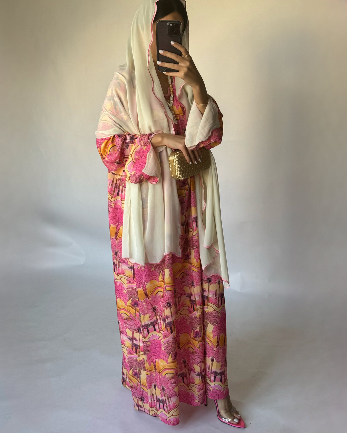 A154 - Pink Palm Tree Pattern Jalabiya and Head Scarf