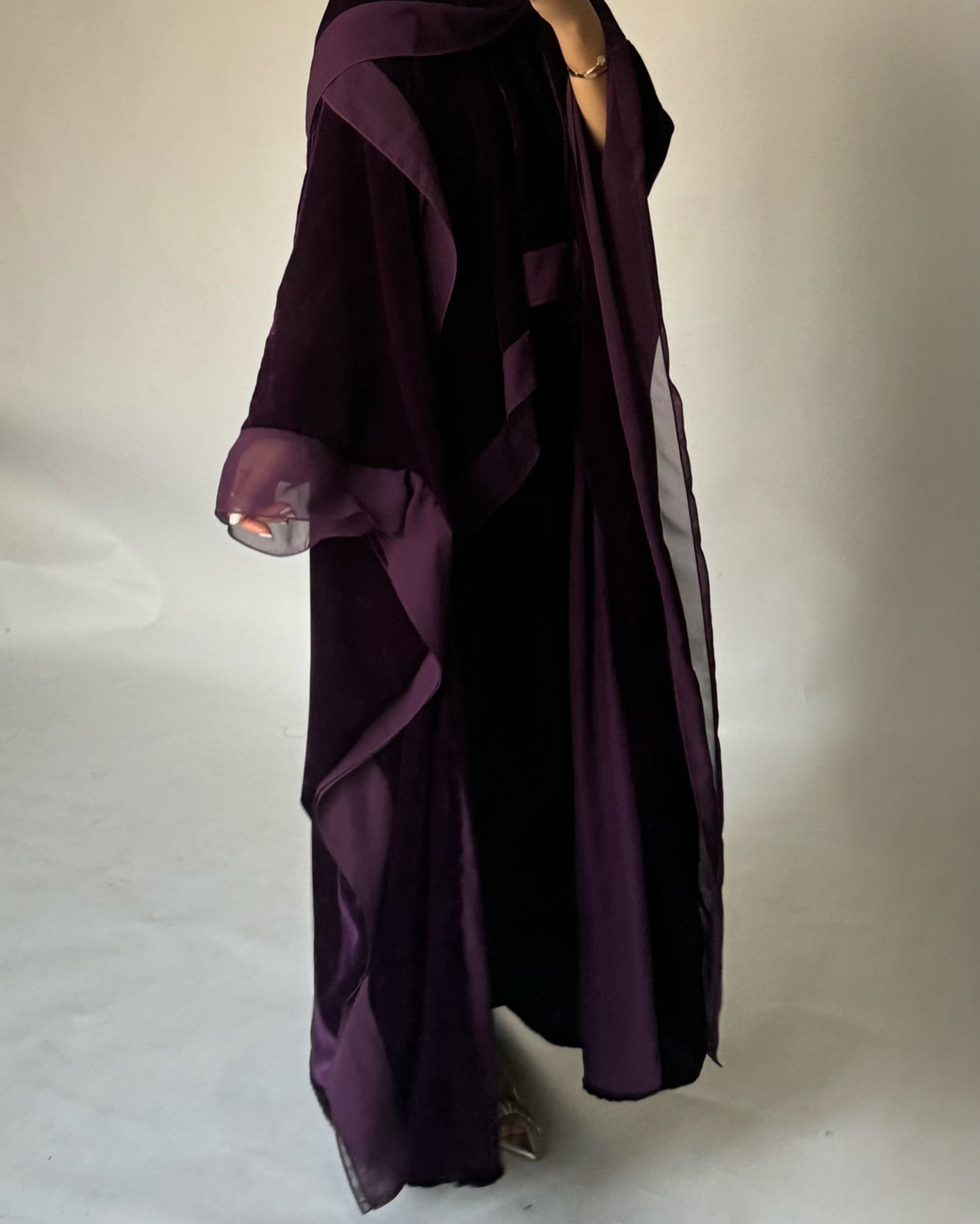 A294 - Purple Velvet Abaya, Velvet Head Scarf & Chiffon Dress