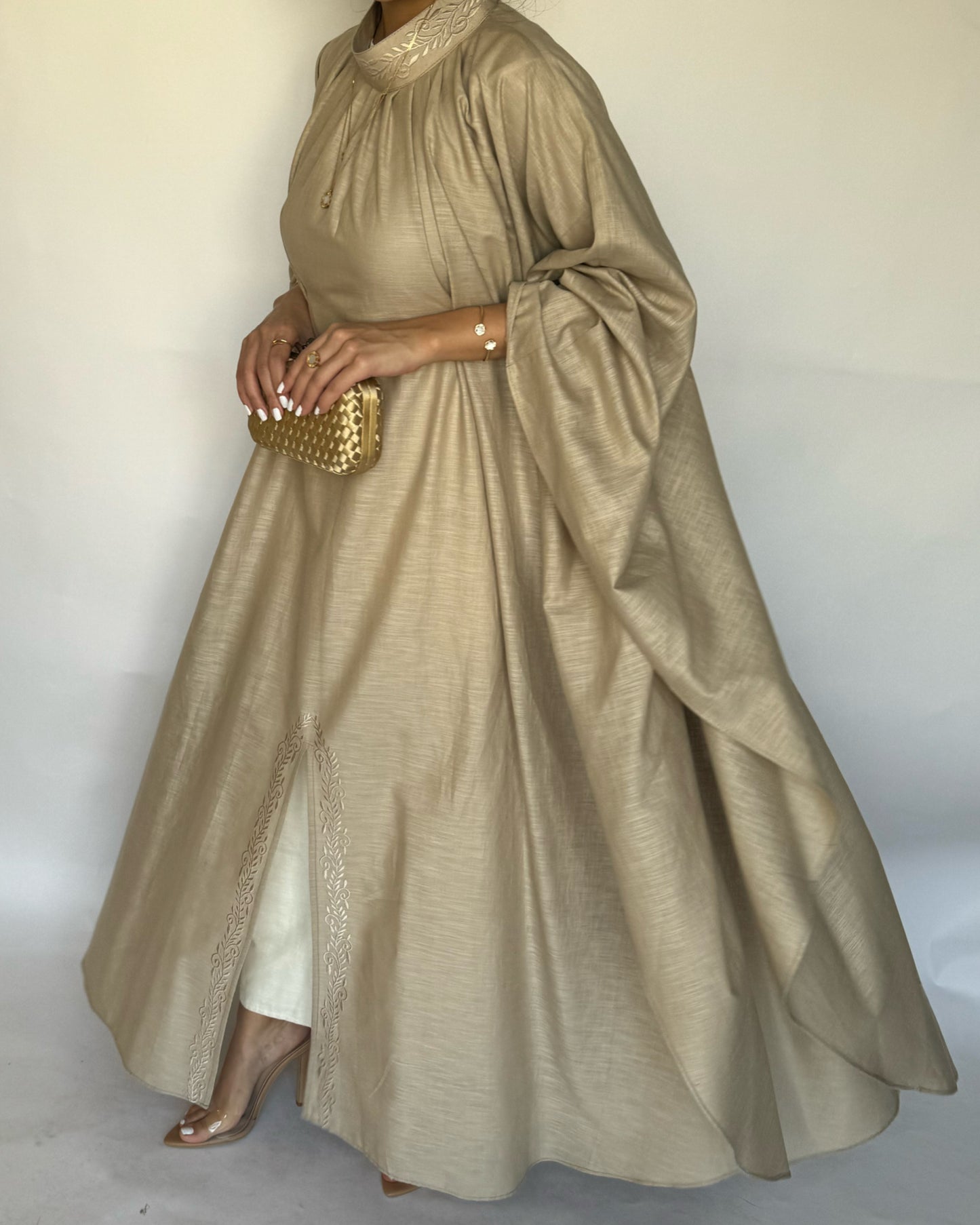 A163 - Beige Two Piece Embroidered Jalabiya