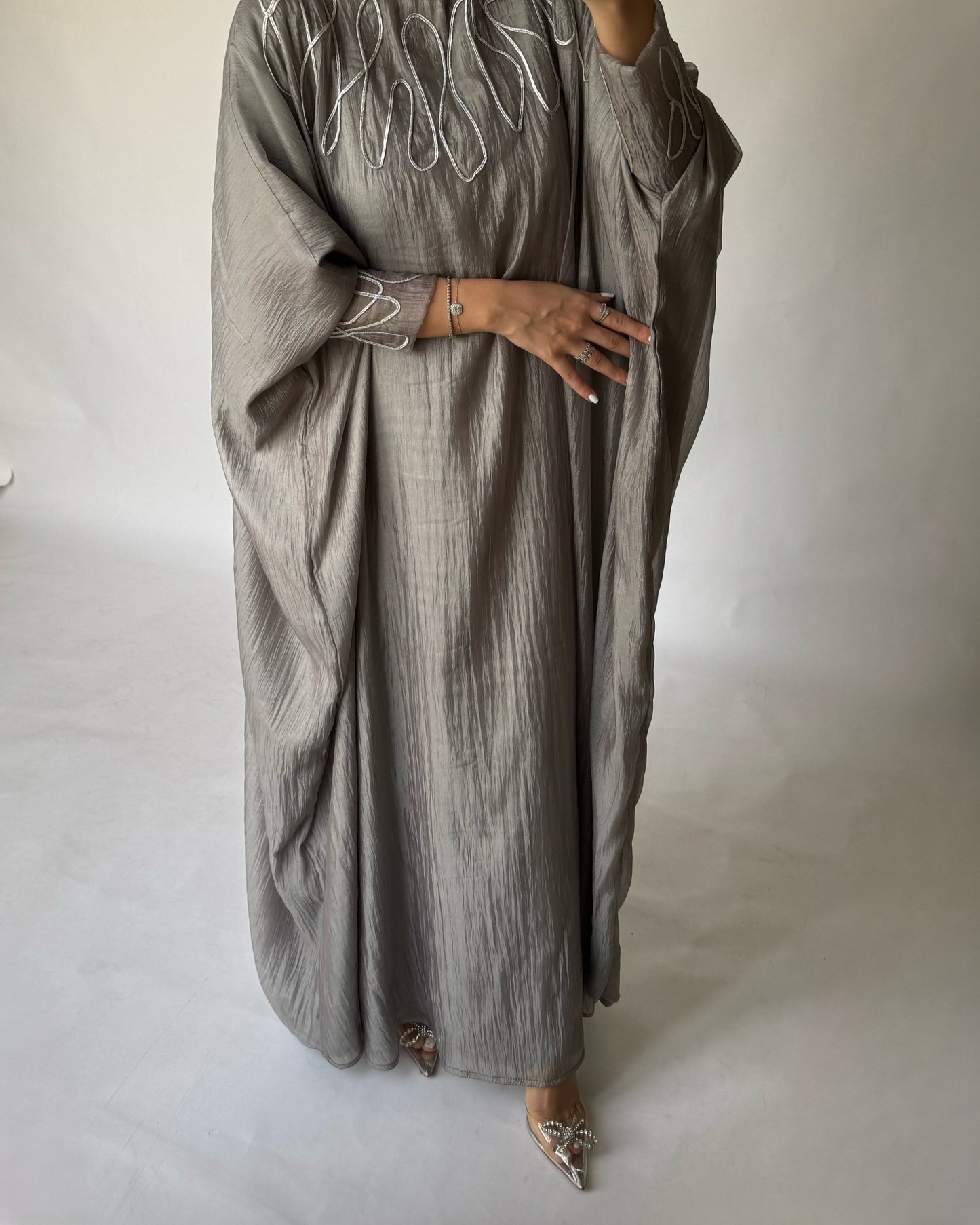 A190 - Grey Organza Dress with Silver Swirls