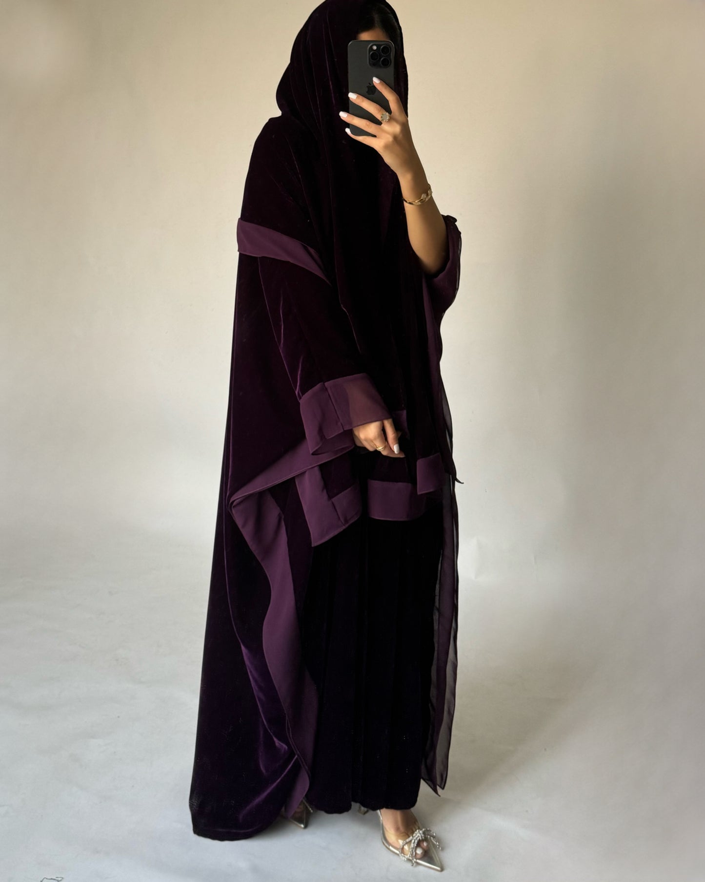 A294 - Purple Velvet Abaya, Velvet Head Scarf & Chiffon Dress