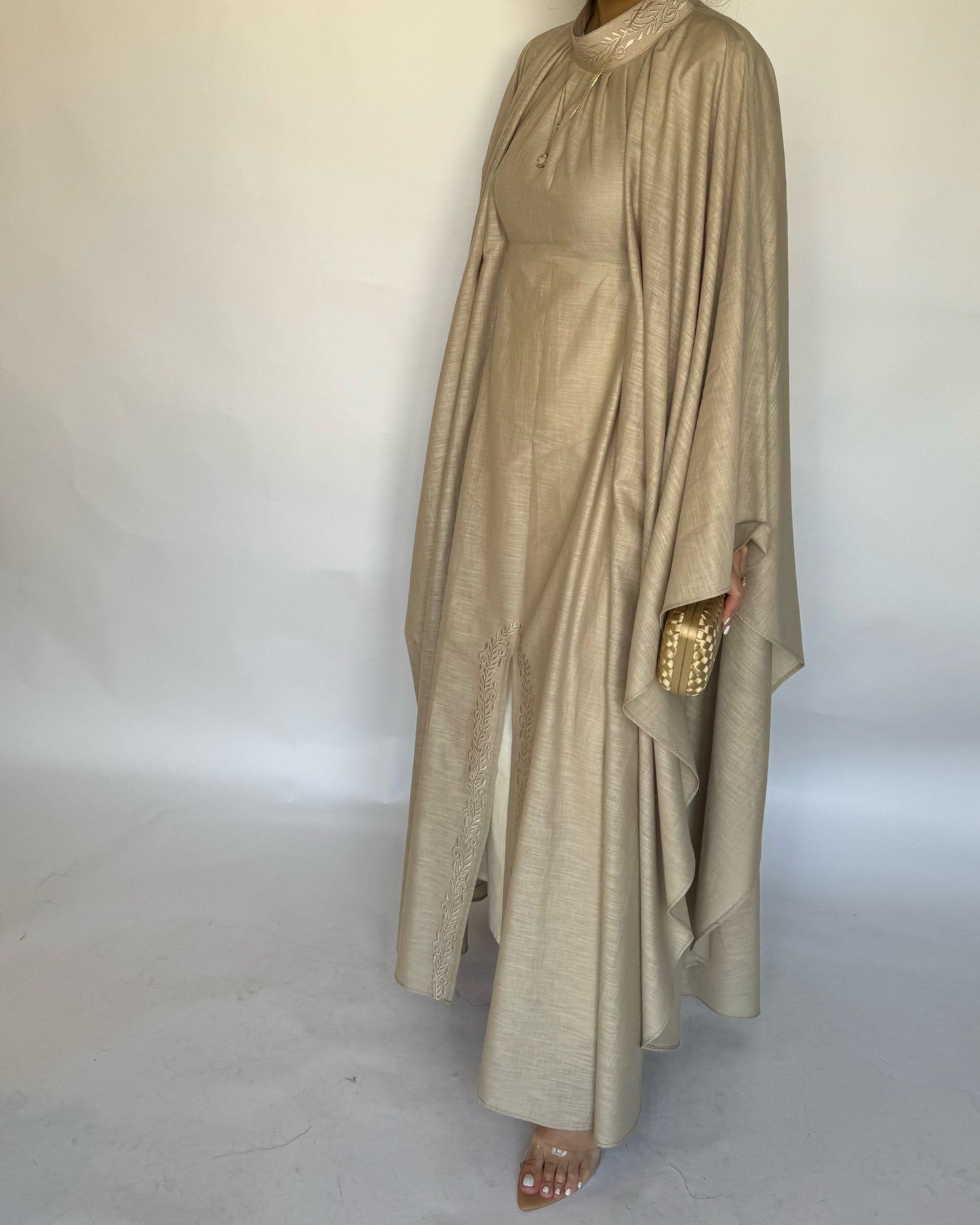 A163 - Beige Two Piece Embroidered Jalabiya