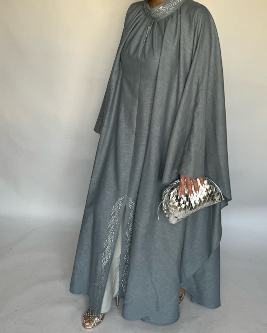 Grayish Blue Two Piece Embroidered Jalabiya (READY TO SHIP)