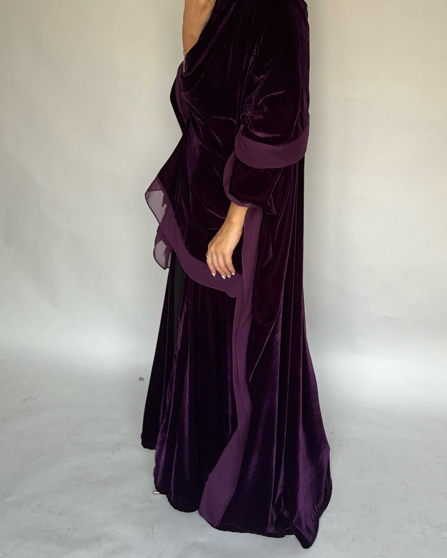 A294 - Purple Velvet Abaya, Velvet Head Scarf & Chiffon Dress