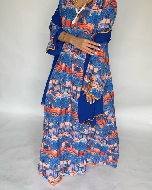 A155 - Royal Blue Palm Tree Pattern Jalabiya and Head Scarf