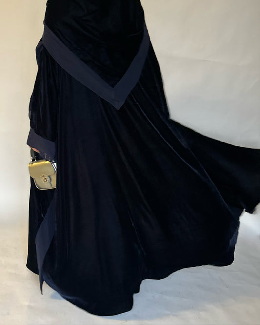 A137 - Navy Blue Velvet Abaya, Velvet Head Scarf & Chiffon Dress