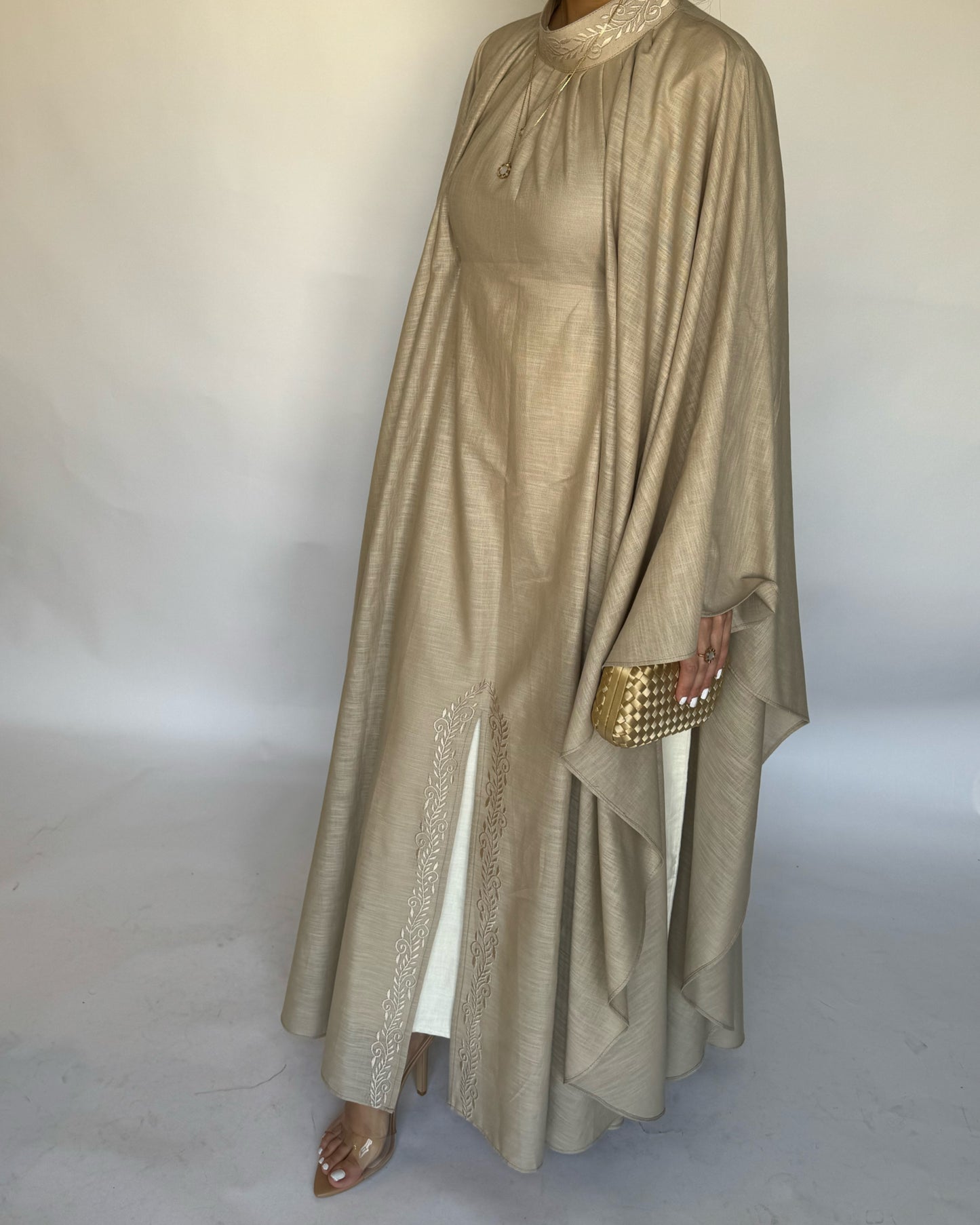 A163 - Beige Two Piece Embroidered Jalabiya