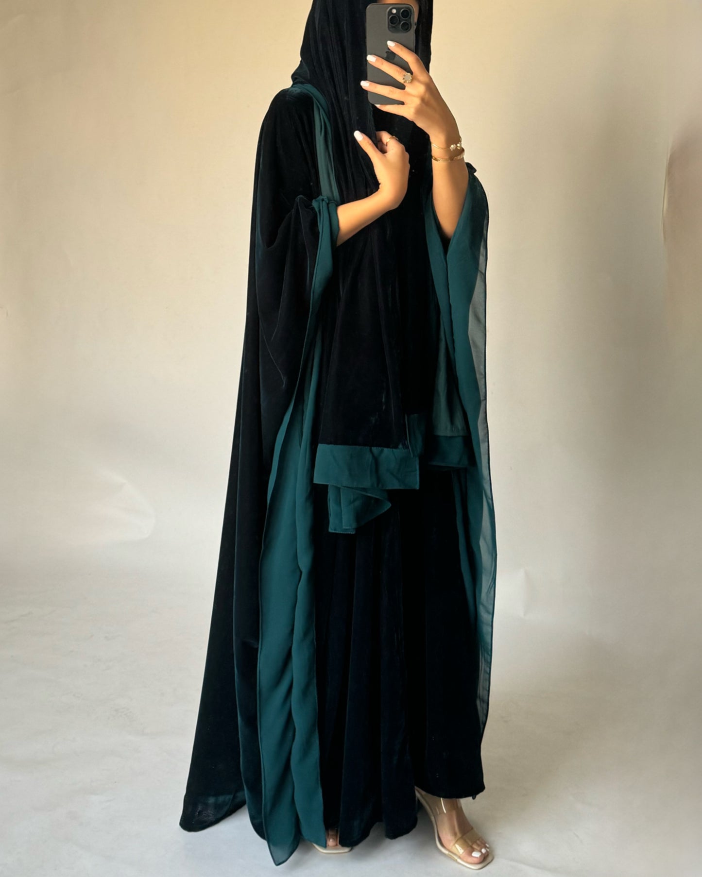 A141 - Turquoise Winter Velvet Abaya & Head Scarf