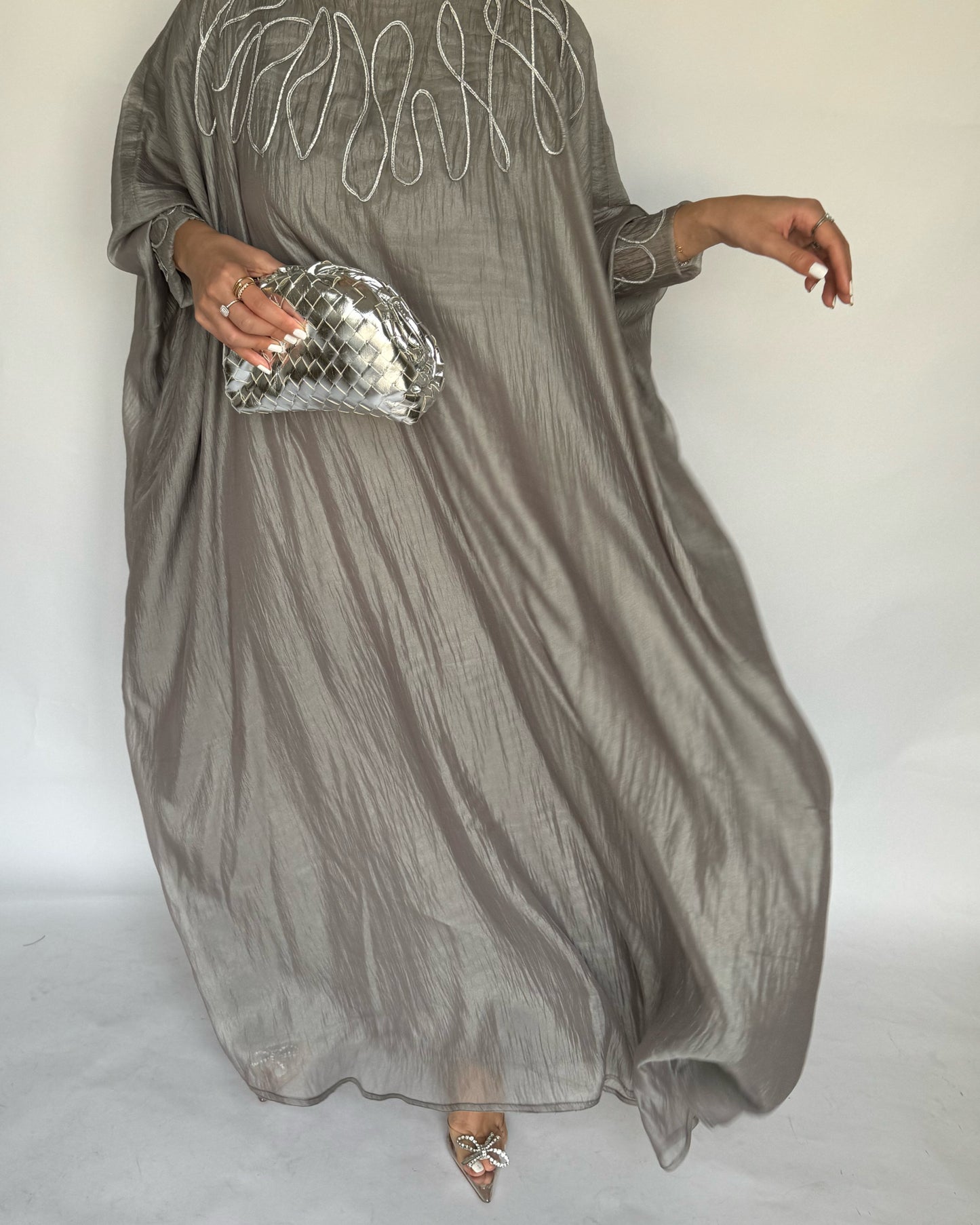 A190 - Grey Organza Dress with Silver Swirls