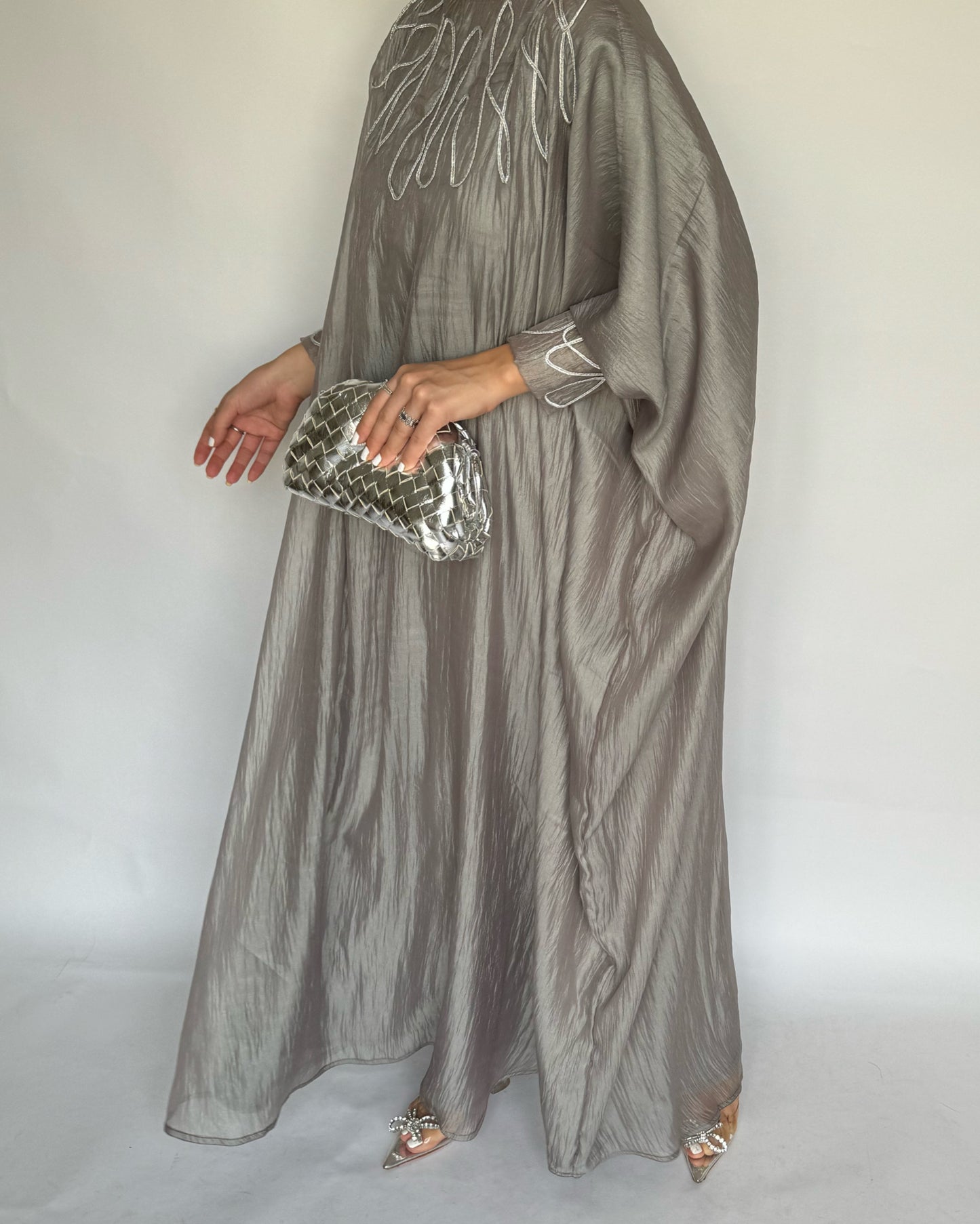 A190 - Grey Organza Dress with Silver Swirls