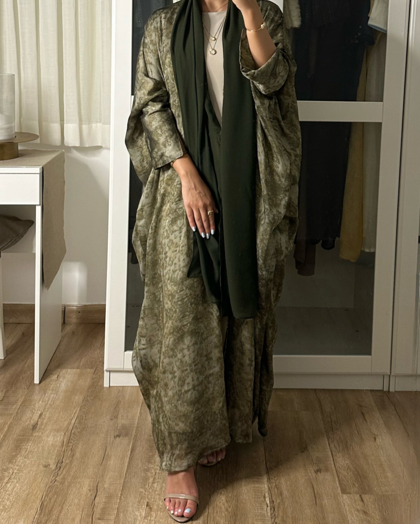 Olive Green Chiffon Summery Pattern Abaya (READY TO SHIP)