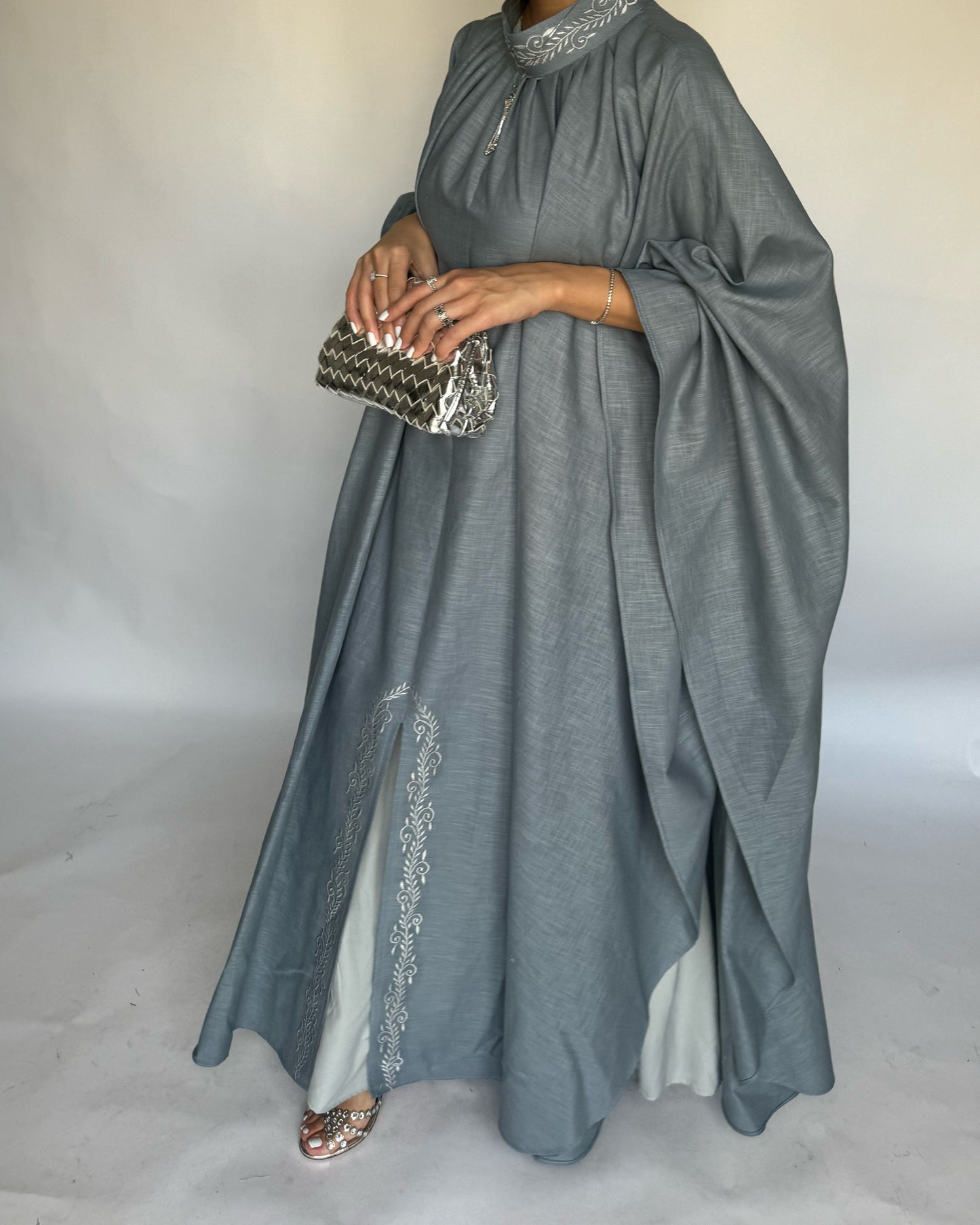 A165 - Grayish Blue Two Piece Embroidered Jalabiya