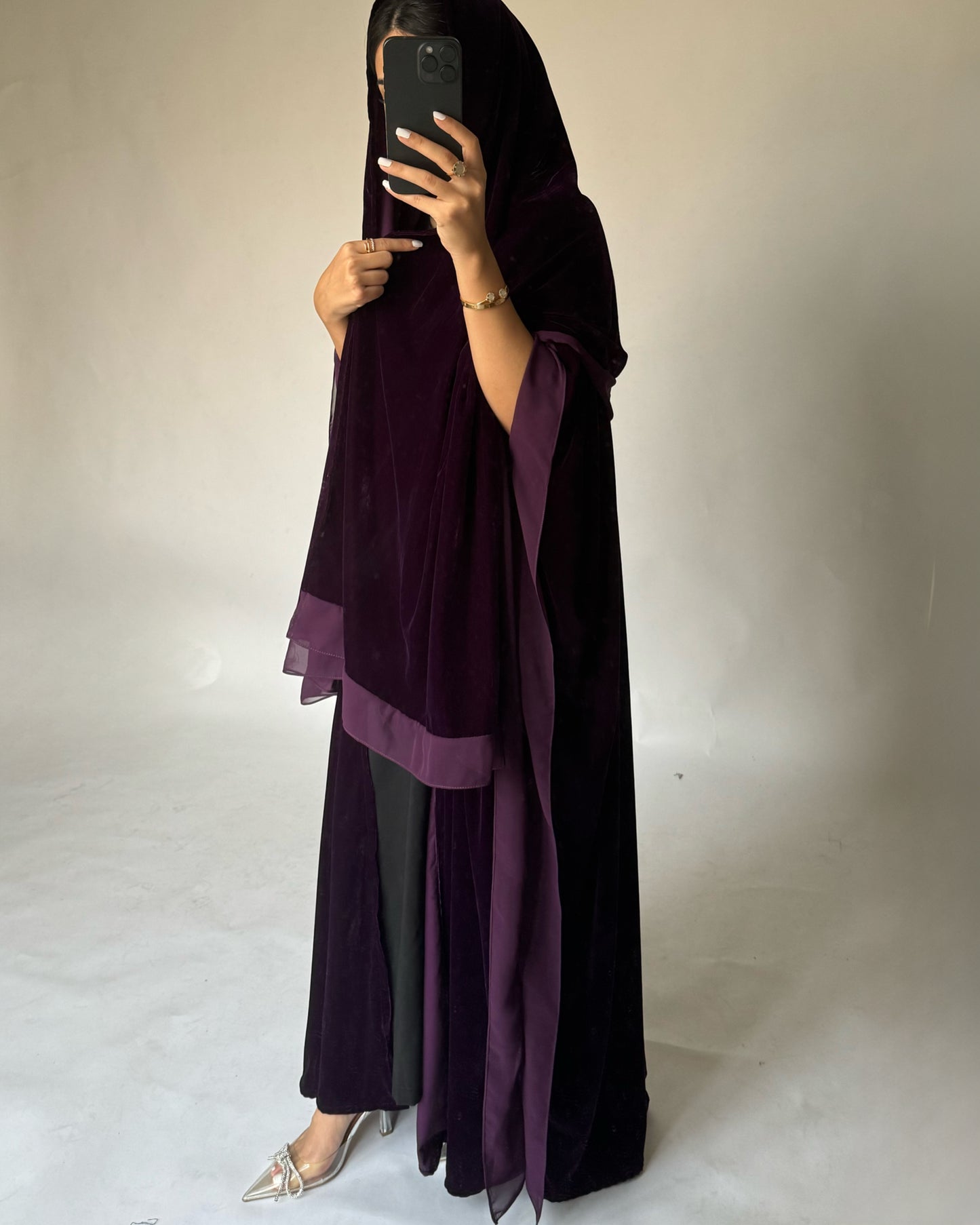 A294 - Purple Velvet Abaya, Velvet Head Scarf & Chiffon Dress