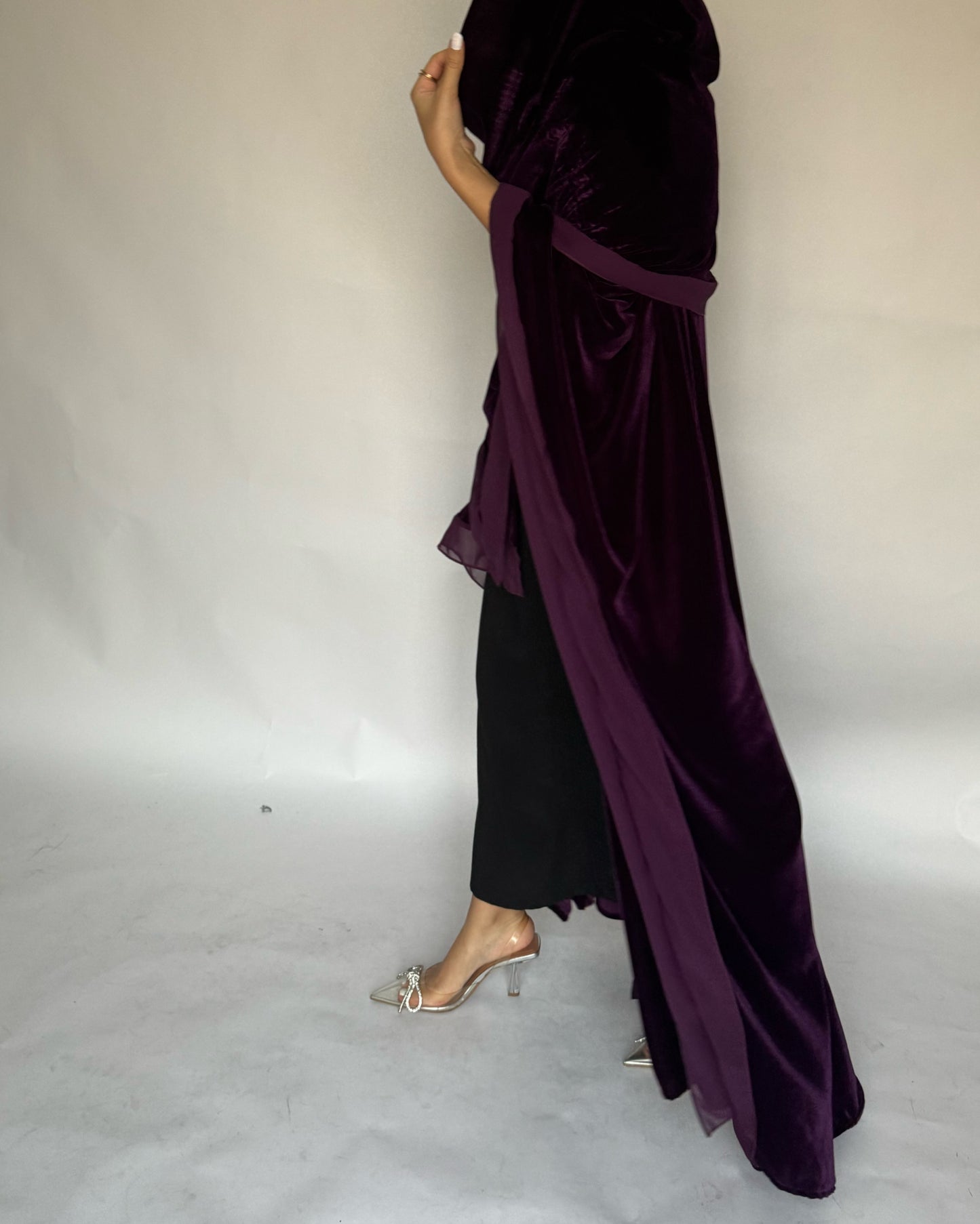 A294 - Purple Velvet Abaya, Velvet Head Scarf & Chiffon Dress