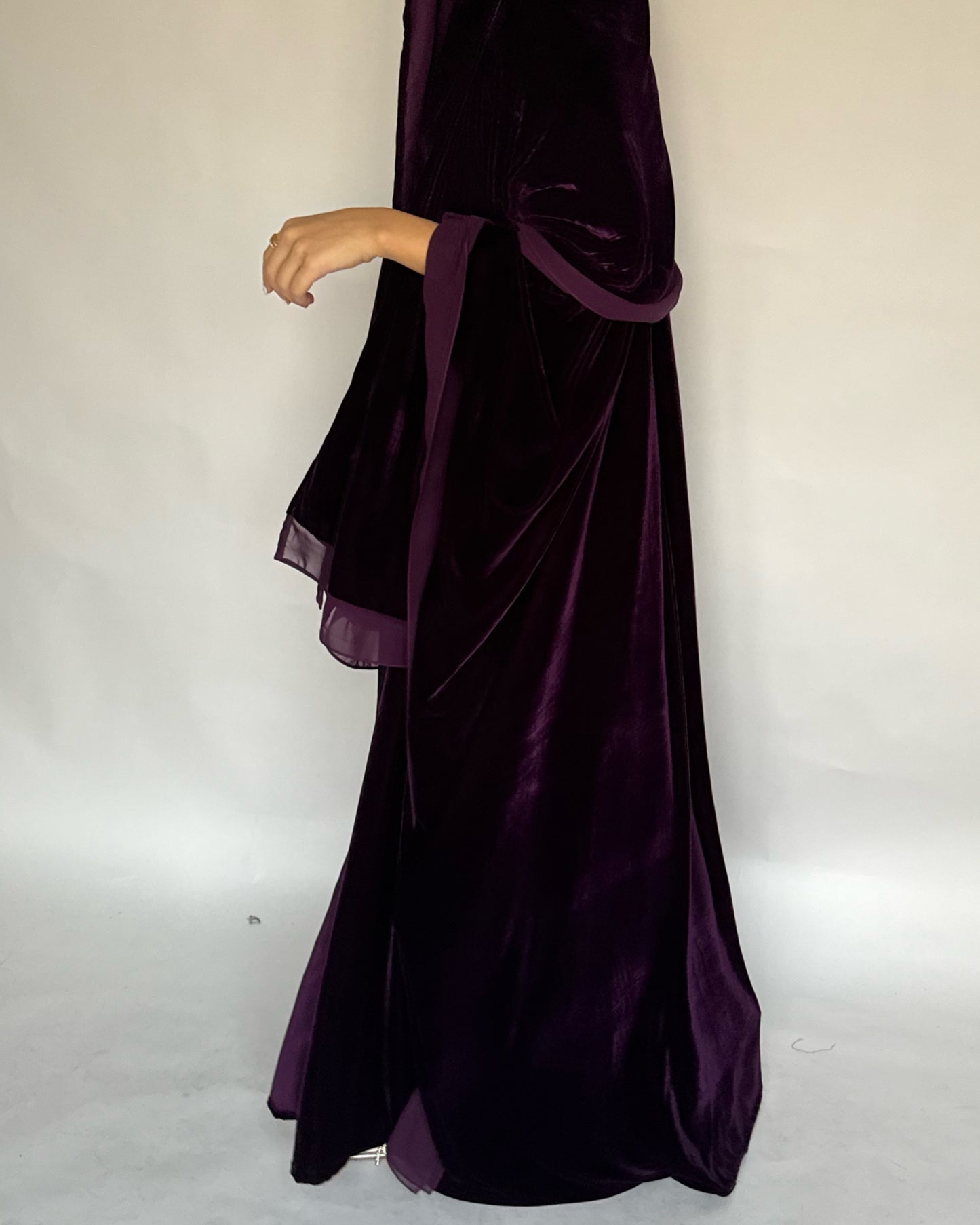 A294 - Purple Velvet Abaya, Velvet Head Scarf & Chiffon Dress