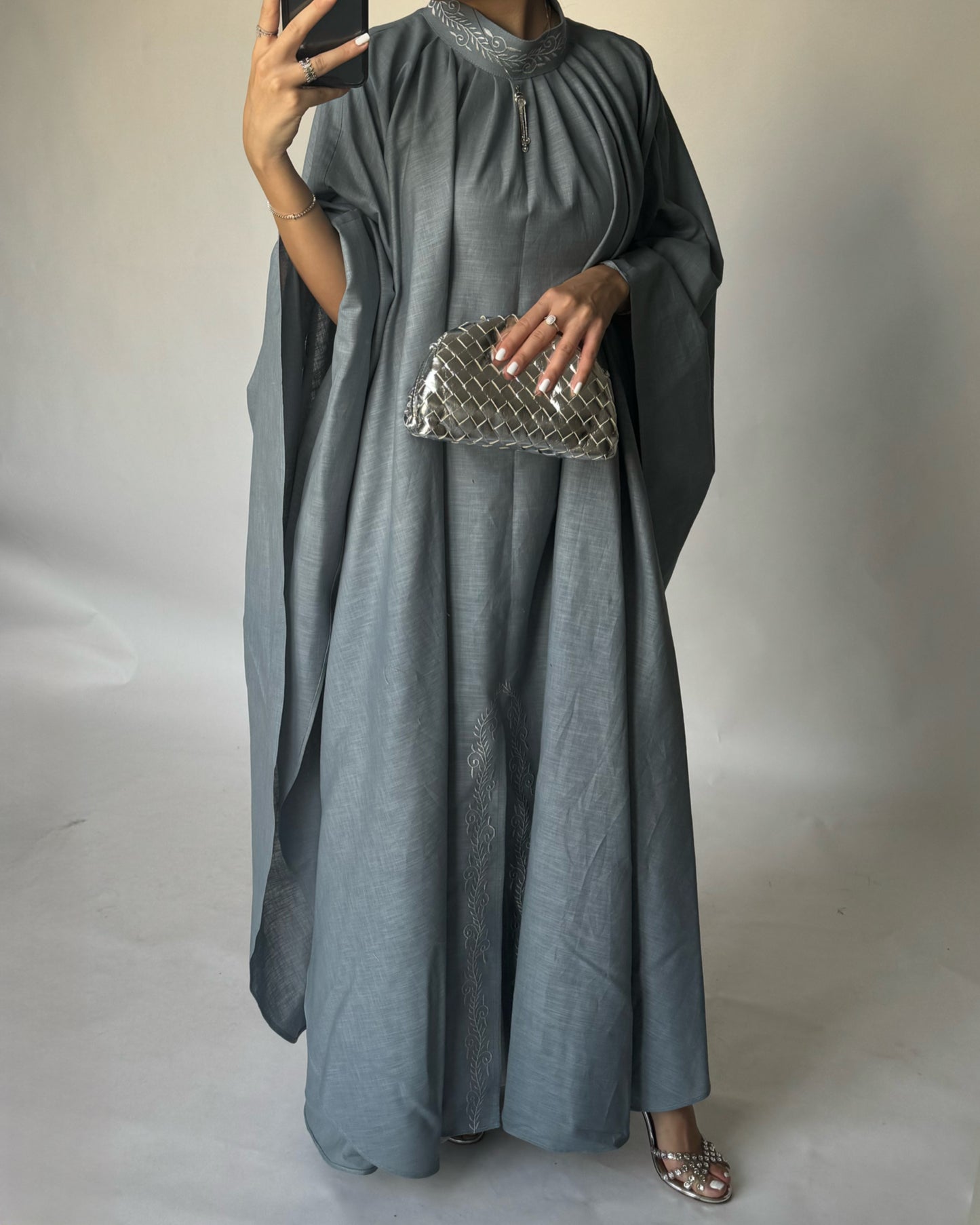 A165 - Grayish Blue Two Piece Embroidered Jalabiya