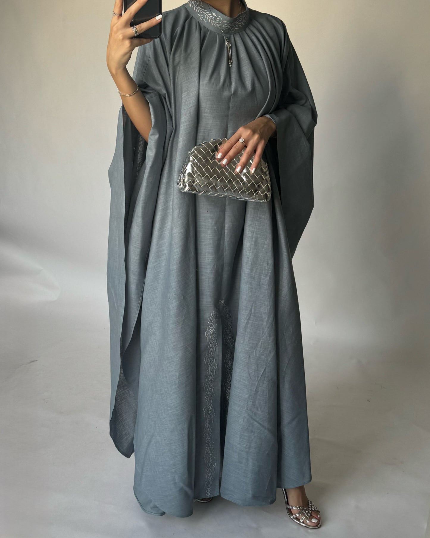 Grayish Blue Two Piece Embroidered Jalabiya (READY TO SHIP)