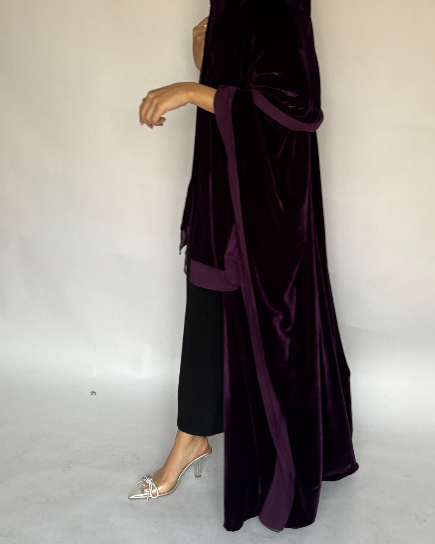 A294 - Purple Velvet Abaya, Velvet Head Scarf & Chiffon Dress