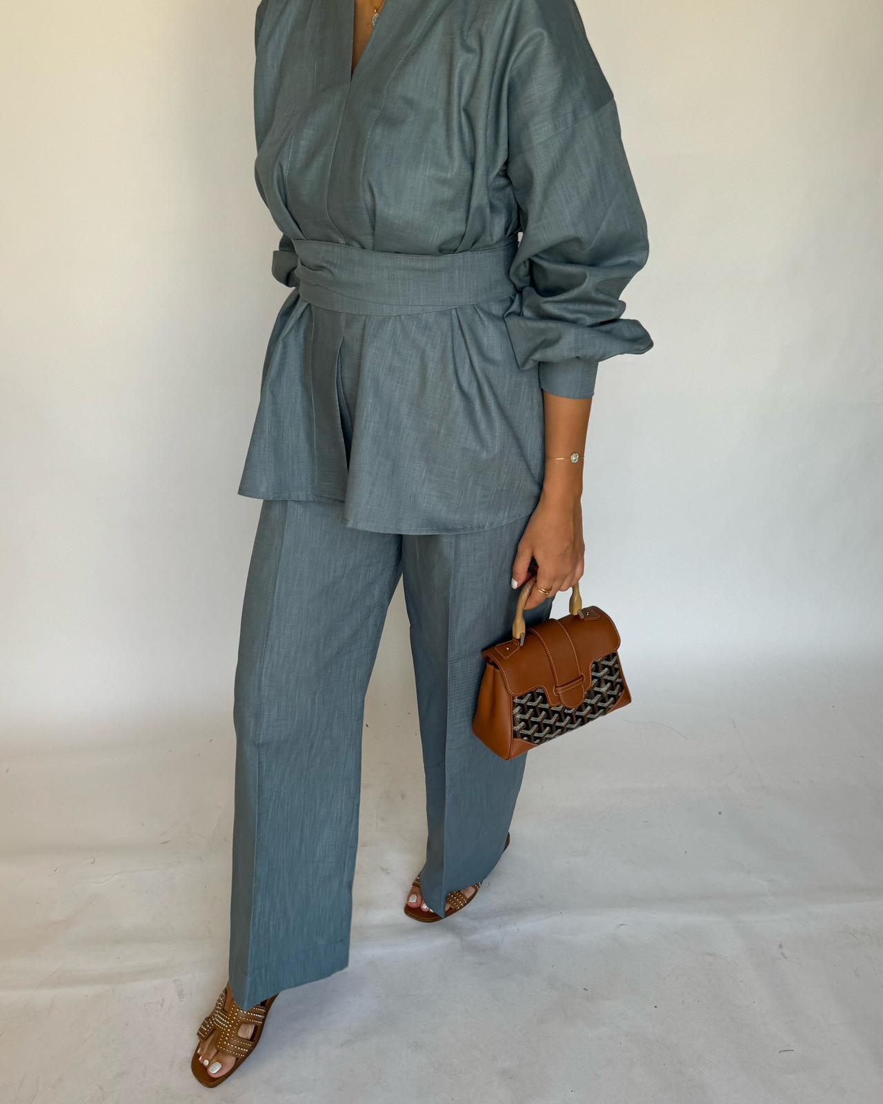 Blue Gray Summer Linen Set (READY TO SHIP)