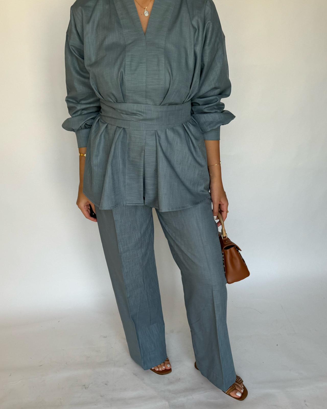 Blue Gray Summer Linen Set (READY TO SHIP)