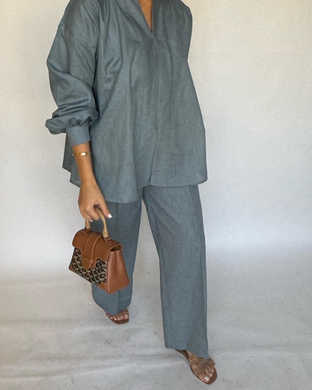 Blue Gray Summer Linen Set (READY TO SHIP)