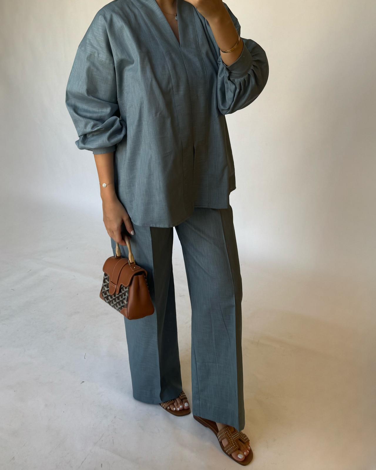 Blue Gray Summer Linen Set (READY TO SHIP)