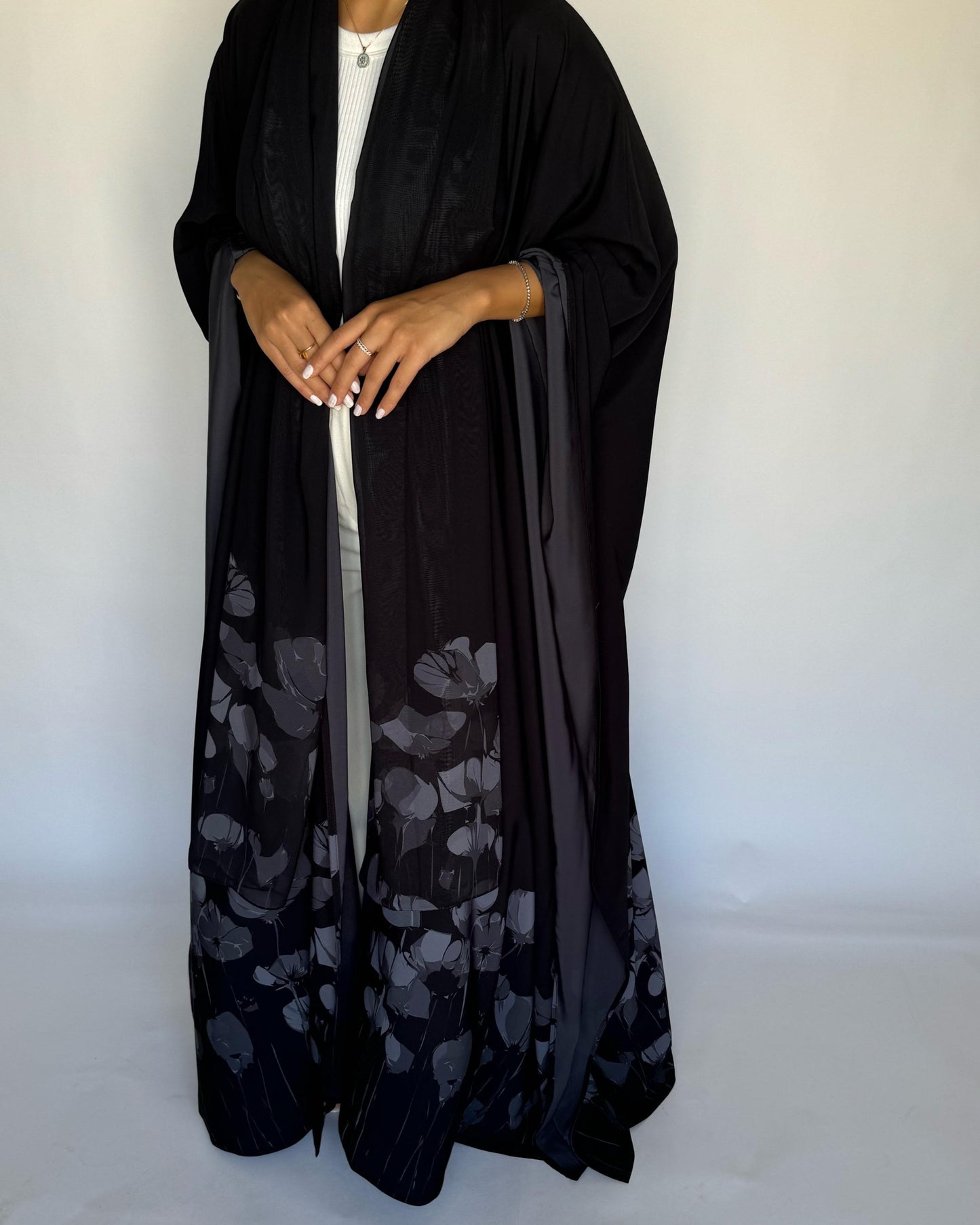 A276 - Black & Gray Flower Abaya