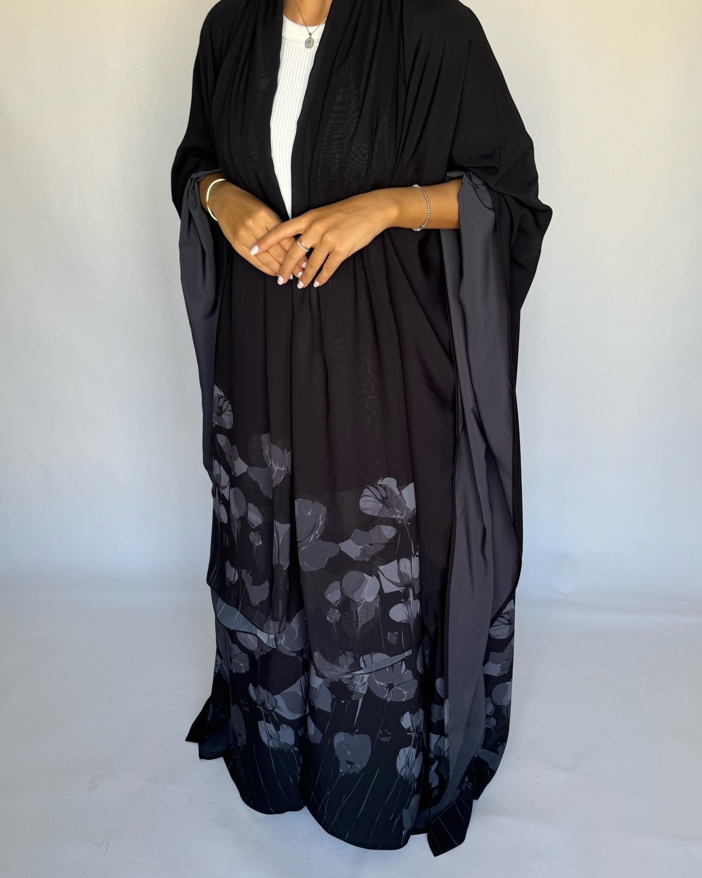 A276 - Black & Gray Flower Abaya